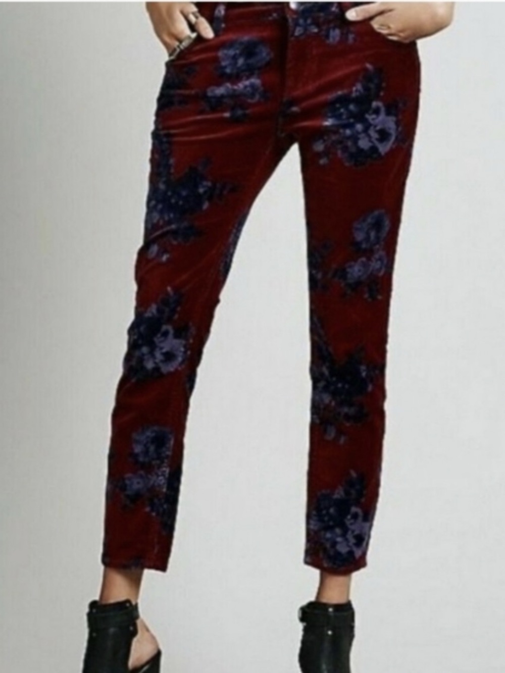 Free People Velvet Floral Skinny Pants Burgundy Navy boho whimsigoth Size 28 - Picture 11 of 11